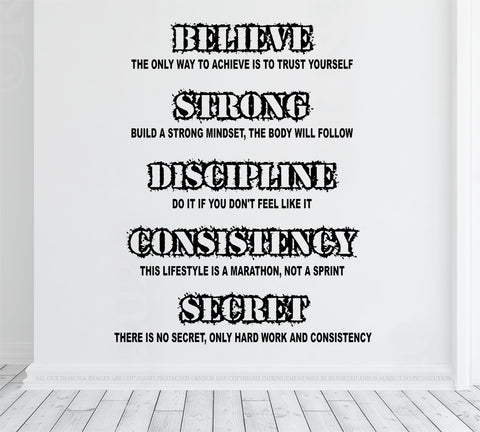 Believe Strong Discipline Consistency Secret, Wall decal vinyl sticker, Gym rules, Success rules, home gym decor, office wall art