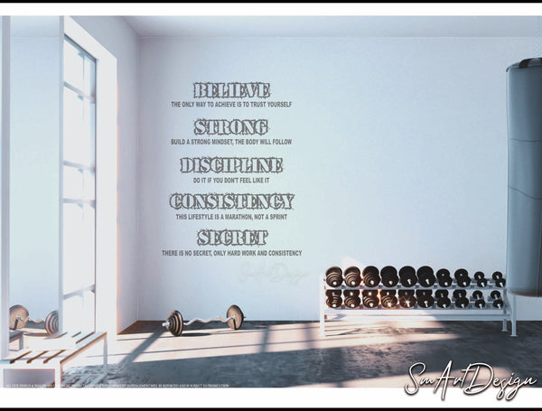 Believe Strong Discipline Consistency Secret, Wall decal vinyl sticker, Gym rules, Success rules, home gym decor, office wall art