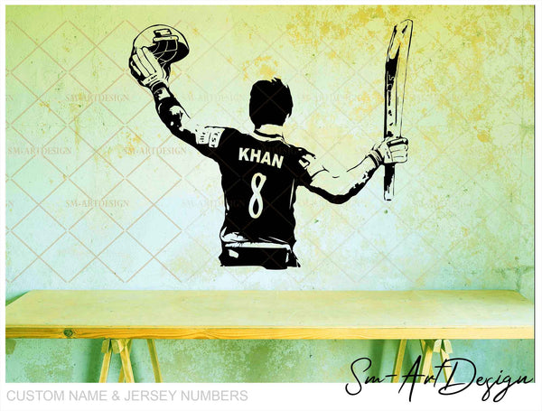 Cricket Wall Art Decal - Custom Name Cricket Player - Wall decor vinyl sticker boy bedroom - Choose Name & Jersey Numbers batsman bat batter