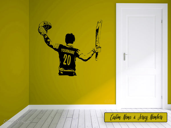 Cricket Wall Art Decal - Custom Name Cricket Player - Wall decor vinyl sticker boy bedroom - Choose Name & Jersey Numbers batsman bat batter