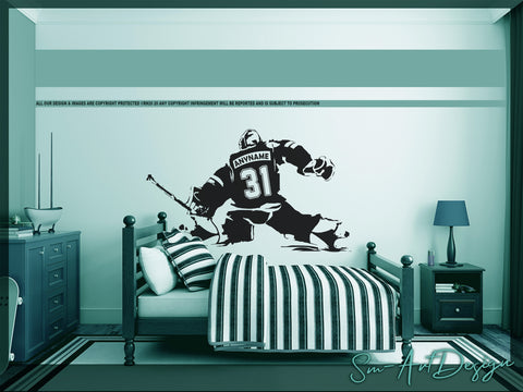 Hockey Goalie Vinyl Decal, Personalized Ice Hockey Goaltender, Custom name, jersey numbers, Man Cave, Bedroom decor, playroom, hockey gift -  Rinö home decor