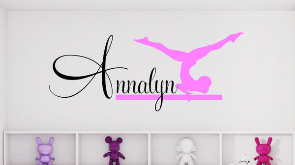 Gymnast Wall art Decal - Custom First Name Wall vinyl decal - home decor gymnastic Girl Bedroom decor leotard gymnast silhouette vinyl decal sticker