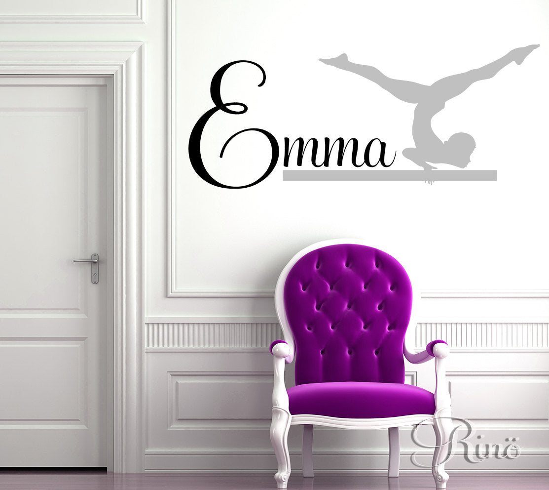 Gymnast Wall art Decal - Custom First Name Wall vinyl decal - home decor gymnastic Girl Bedroom decor leotard gymnast silhouette vinyl decal sticker