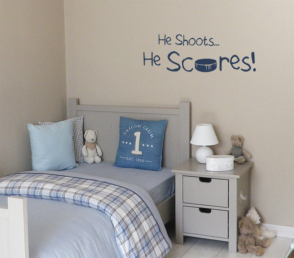 He shoots ... He scores ! Decal Hockey Puck Wall Decal Hockey Wall Art Vinyl Sticker kids teenager hockey decor - boy bedroom Sports saying