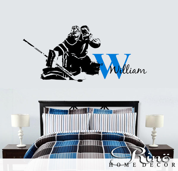 Hockey Goalie Decal - ice hockey goaltender Custom first name Hockey Decor - Hockey wall art vinyl sticker - headboard kids boy bedroom