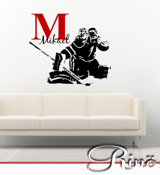 Hockey Goalie Decal - ice hockey goaltender Custom first name Hockey Decor - Hockey wall art vinyl sticker - headboard kids boy bedroom