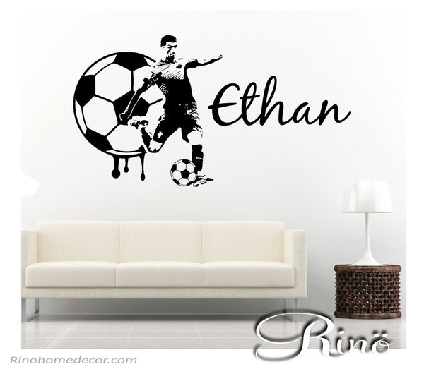 Soccer Decal Football Custom Name Large Soccer wall art decal vinyl sticker - football teen boys kids bedroom decor sports ball